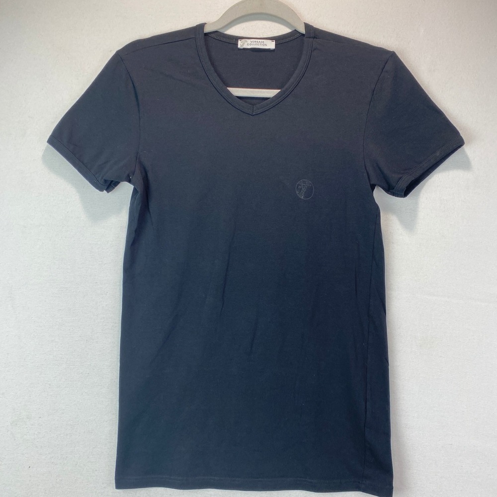 Versace Collection Medusa Head Logo V-Neck Tee Women Size M Black Jersey Top